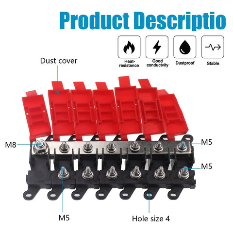 Heavy Duty Badass Six Way Midi Fuse Block And One In Six Out Power Distribution Module Two Hundred Amps with red covers and connectors