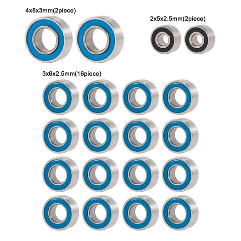 Beefy Steel Sealed Bearings Set For RC SCX24 Upgrades, 20 Pcs With Rubber Seals, various sizes displayed on white background