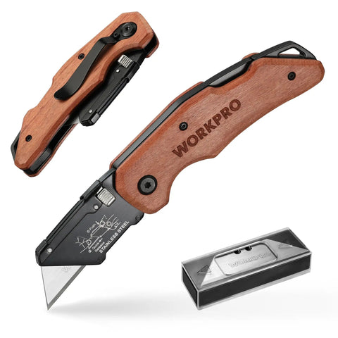 Kickass Folding Utility Knife With Solid Wood Handle And Tight Back Lock Heavy Duty Box Cutter Featuring Quick Change Blade Swap And Extra SK5 Replacement Knives For Any Weekend Grind