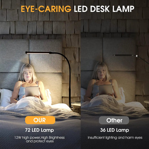 Comparison of LED desk lamps: Our 72 LED lamp on left, Other 36 LED lamp on right, both above a woman reading in bed.