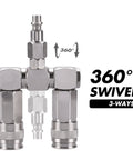 360-degree view of 2-Way Air Hose Splitter Manifold With Quick Connect Fittings Two Universal Type Couplers And Industrial Type Plug Swivel Air Compressor Accessories For Splitting One Air Line Into Two Circuits