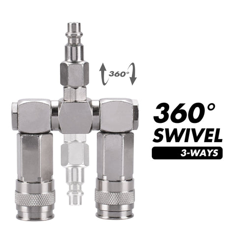 360-degree view of 2-Way Air Hose Splitter Manifold With Quick Connect Fittings Two Universal Type Couplers And Industrial Type Plug Swivel Air Compressor Accessories For Splitting One Air Line Into Two Circuits