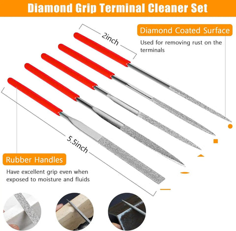 Pro Grade 96 Piece Terminal Removal Tool Kit For Auto And House Wiring With Pin Extractor, Wire Terminal Release Tools, Depinning Set, Includes 76 Removal Bits, Circuit Tester, Diamond Grip Cleaner Set, Trim Tools, And Carry Bag diamond grip terminal cleaner set, 5.5-inch rubber handles