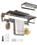24 Inch Towel Rack Wall Mounted Adhesive No Drill Towel Storage Shelf With 5 Hooks For Bathroom Made From Aviation Aluminum Alloy Rustproof Matte Black Gold Finish Ultra Durable And Easy To Clean with towels and bath accessories displayed.
