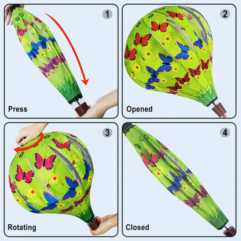Two Pack Hot Air Balloon Wind Spinners For Outdoor Hanging Garden Decor, Large Windmill Balloons With Hummingbird And Butterfly Design, Weatherproof Polyester, Collapsible, Easy Setup, No Assembly, Totally Eye Catching.