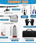 Image showing product components including telescopic fishing rod, reel, net, lip gripper, pliers, gloves, and storage bag.