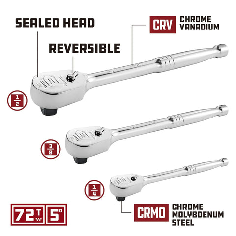 Sealed head ratchets in 152 Piece Drive Mechanics Tool Set with 1/4, 3/8, and 1/2 inch sockets, chrome vanadium construction.