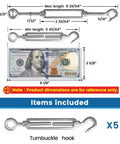 Top Shelf M6 Hook And Eye Turnbuckle 5 Pack For Cable Railings And Outdoor Fencing Heavy Duty Steel Hardware with measurements shown.