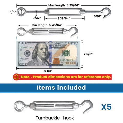 Top Shelf M6 Hook And Eye Turnbuckle 5 Pack For Cable Railings And Outdoor Fencing Heavy Duty Steel Hardware with measurements shown.