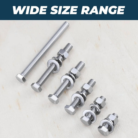 Ten-set of stainless steel hex bolts with nuts and flat/lock washers; 1/4-20 x 1 full-thread screws.