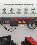 Six Outlet Heavy Duty Power Strip With Individual Switches 3300 Joules Surge Protection 15 Amp Circuit Breaker EMI Filter Built Tough For Home Office Garage Or Workshop, wall mount