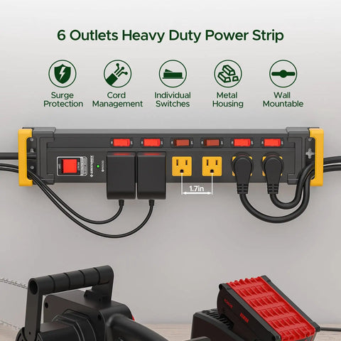 Six Outlet Heavy Duty Power Strip With Individual Switches 3300 Joules Surge Protection 15 Amp Circuit Breaker EMI Filter Built Tough For Home Office Garage Or Workshop, wall mount