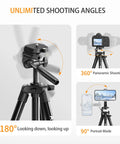 71 Inch Aluminum Camera Tripod Stand with Wireless Remote and Phone Holder showing 360-degree panoramic shooting angles.