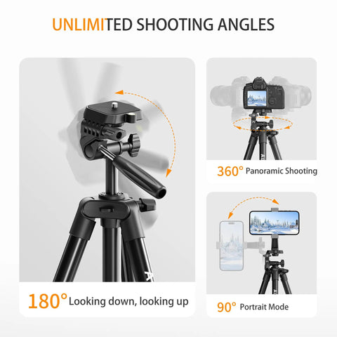 71 Inch Aluminum Camera Tripod Stand with Wireless Remote and Phone Holder showing 360-degree panoramic shooting angles.