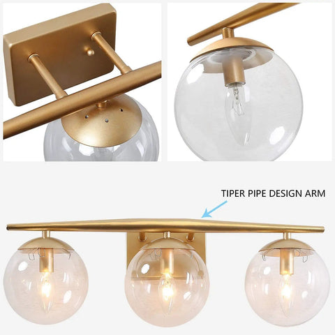 Three Light Gold Vanity Light Fixture With Clear Globe Glass Shades And Slim Taper Arm For Modern Bathroom Decor