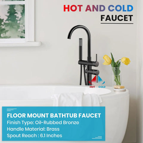 Floor Mount Bathtub Faucet High Flow Freestanding Tub Filler with 360 Degree Swivel Gooseneck Spout and Cylindrical Handheld Spray