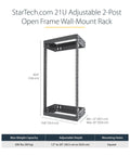 Beast Mode Heavy Duty 21U Two Post Wall Mount Open Frame Network Rack with adjustable depth and 200lb capacity.
