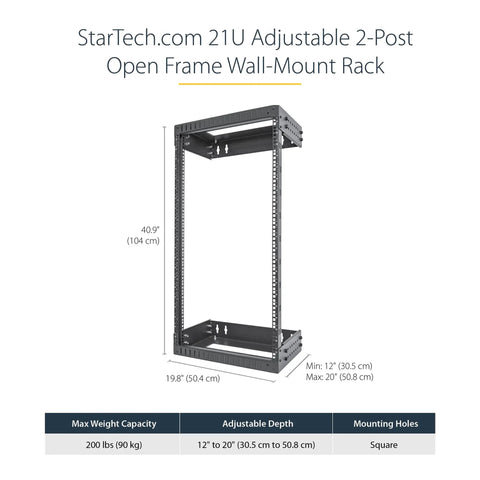 Beast Mode Heavy Duty 21U Two Post Wall Mount Open Frame Network Rack with adjustable depth and 200lb capacity.