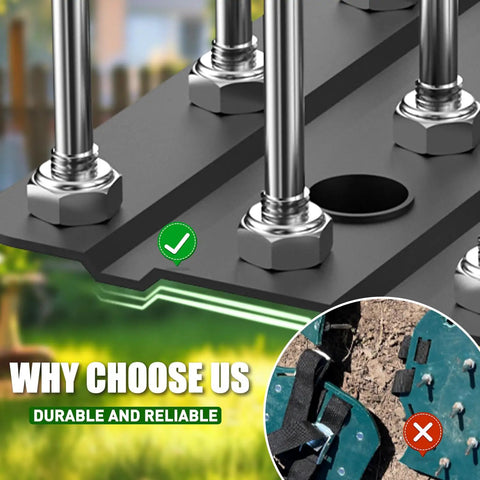 Close-up of Heavy Duty Manual Lawn Aerator With 15 Iron Spikes Height Adjustable Spike Aerator Tool showing strong bolts and spikes.