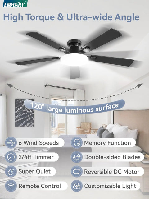 52 Inch Ceiling Fan With Lights And Remote 30W LED Panel Flush Mount Modern Low Profile Ceiling Fan in living room