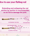 Instruction for extending and collapsing kids fishing pole from Kids Fishing Pole Set With Rod And Reel Combo Tackle Box Lures Net Bag.
