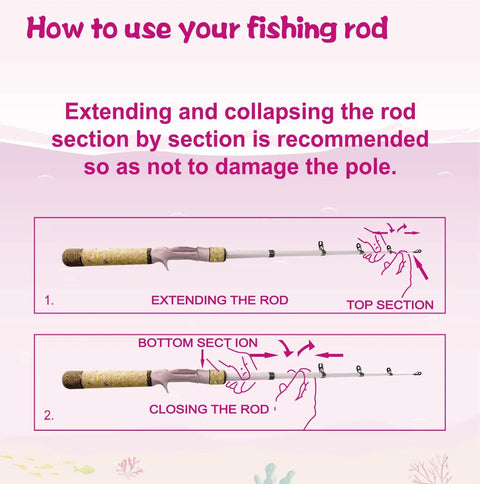 Instruction for extending and collapsing kids fishing pole from Kids Fishing Pole Set With Rod And Reel Combo Tackle Box Lures Net Bag.