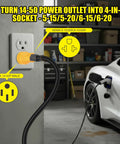 Real Deal NEMA 14 To 50P Male Converter connected to a 14-50 power outlet, enabling multiple electrical connections for EV chargers.