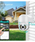 5MP PTZ WiFi Outdoor Security Camera With Rock Solid AI Human Detection IP66 Weatherproof Build That Captures Crisp HD Footage So You Can Chill And Watch Your Back mounted on a wall with a smartphone controlling its view