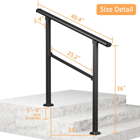Heavy Duty 3 Step Handrails For Outdoor Front Porch Stairs detailed size view showing dimensions and sturdy design.