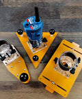 Heavy Duty Electric Wood Slotting And Chamfering Machine Inside Roll Away Case For Crisp Corner Bevels with routing attachments on yellow bases.