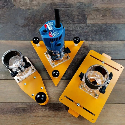 Heavy Duty Electric Wood Slotting And Chamfering Machine Inside Roll Away Case For Crisp Corner Bevels with routing attachments on yellow bases.