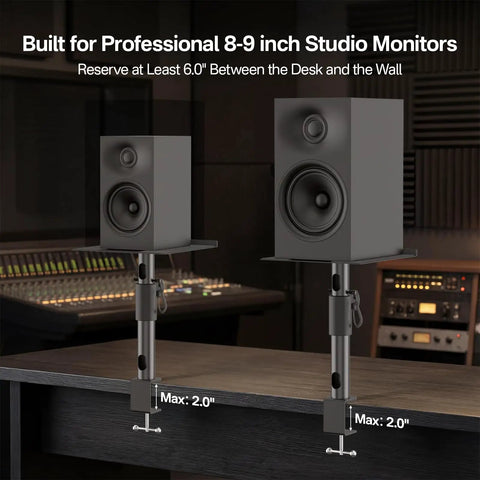 2 Pack Desk Clamp Studio Monitor Stands With Adjustable Tilt And Swivel Mounts for Desktop Speakers in studio setup
