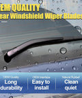 Rear windshield with OEM quality wiper blade installed, showcasing easy installation and long durability in wet conditions.
