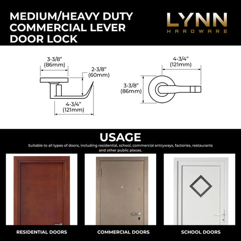 Heavy Duty Designer Commercial Lever Door Lock dimensions and usage guide for residential, commercial, and school doors.