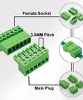 Two Pack Eight Pin Three Point Five Millimeter Pitch Screw Terminal Block Connector Plug And Play Quick Male And Female Phoenix Type For 28 To 16 AWG Wires 300V 8A Rated showing male and female connectors with 3.5mm pitch in green PA66 plastic.