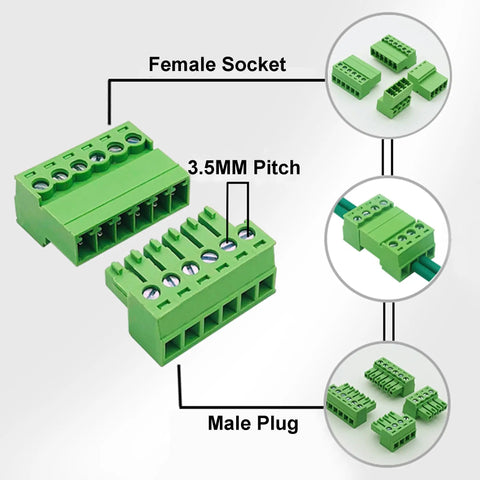 Two Pack Eight Pin Three Point Five Millimeter Pitch Screw Terminal Block Connector Plug And Play Quick Male And Female Phoenix Type For 28 To 16 AWG Wires 300V 8A Rated showing male and female connectors with 3.5mm pitch in green PA66 plastic.