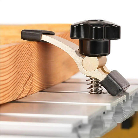 Close-up of Two Pack Router Table Clamps T Track Hold Down Fixtures attached to wood and metal for woodworking support.