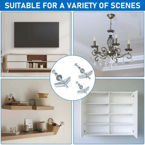 Beefy Heavy Duty Drywall Anchors Kit with one eighth inch toggle bolts shown holding shelves, cabinets, TV, chandelier on walls and ceilings