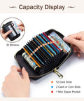 Hands holding RFID Blocking Leather Card Holder With Detachable Keychain Slim Wallet For Men And Women Everyday Carry Genuine Leather Pro Black External ID Window Keeps Cards Safe And Organized displaying multiple card slots.