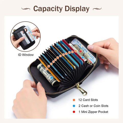 Hands holding RFID Blocking Leather Card Holder With Detachable Keychain Slim Wallet For Men And Women Everyday Carry Genuine Leather Pro Black External ID Window Keeps Cards Safe And Organized displaying multiple card slots.