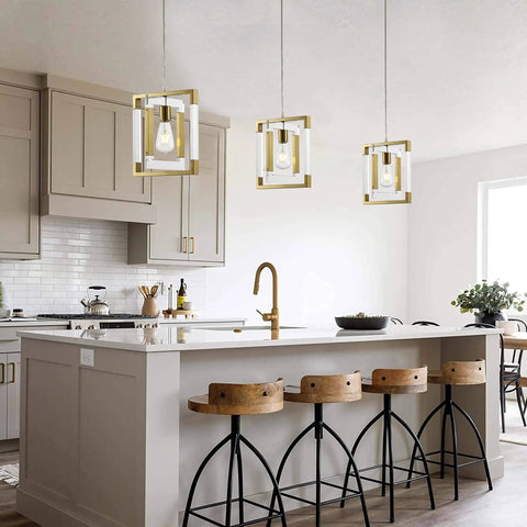 Gold Pendant Light Chandelier With Brushed Brass Finish over kitchen island, modern square acrylic and metal frame lighting