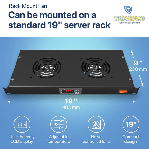 Dual 4-Inch Rack Mount Server Cooling System For 1U 19-Inch Cabinets displayed with LCD and fan details.