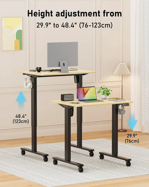 Slick 32 Inch Electric Standing Desk Built Tough With Swivel Rolling Casters And No Sweat Height Switches For A Go To Remote Work Spot You Will Love, showing height adjustment from 29.9 to 48.4 inches.