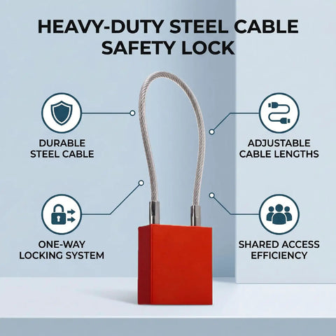 Industrial Aluminum Alloy Cable Padlock with 85mm Shackle and Steel Cable for Lockout Tagout, heavy-duty safety lock.
