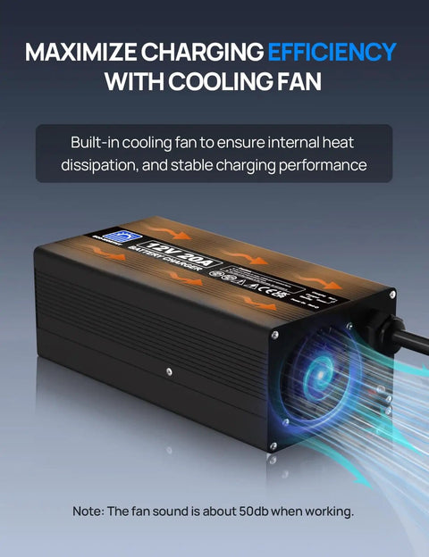 12V 20A LiFePO4 Battery Charger With Anderson Connector for Deep Cycle Batteries, cooling fan detail, smart charging