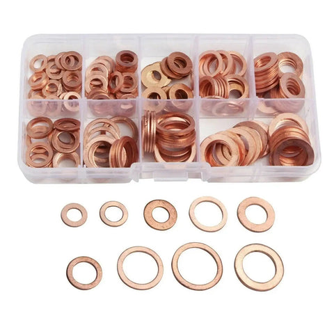 Flat Copper Washers And Gasket Kit Set For Automotive Repairs Heat Resistant Copper Rings And Solid Flat Seals Universal Fit For Sealing Bolts And Engine Components Durable DIY Auto Repair Essentials, assorted copper washers in organizer case