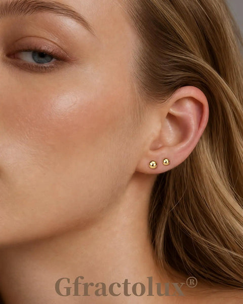 Straight Up Premium Flat Back Titanium Ball Earrings For Sensitive Ears Implant Grade 20G worn in pierced ears, 6.5mm size, smooth finish.