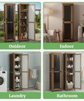62 Inch Tall Narrow Outdoor Storage Cabinet With Metal Top Waterproof All Weather Storage Unit For Garden Patio Living Room Or Entryway With Adjustable Shelves Black, shown in various settings like outdoor, indoor, laundry, and bathroom.