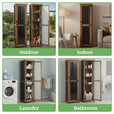 62 Inch Tall Narrow Outdoor Storage Cabinet With Metal Top Waterproof All Weather Storage Unit For Garden Patio Living Room Or Entryway With Adjustable Shelves Black, shown in various settings like outdoor, indoor, laundry, and bathroom.