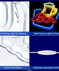 Close-up of Neon Bar Sign For Home Bar With Adjustable Brightness LED Beer Sign, showing hanging holes, silicone strips, acrylic board, and dimmer switch.